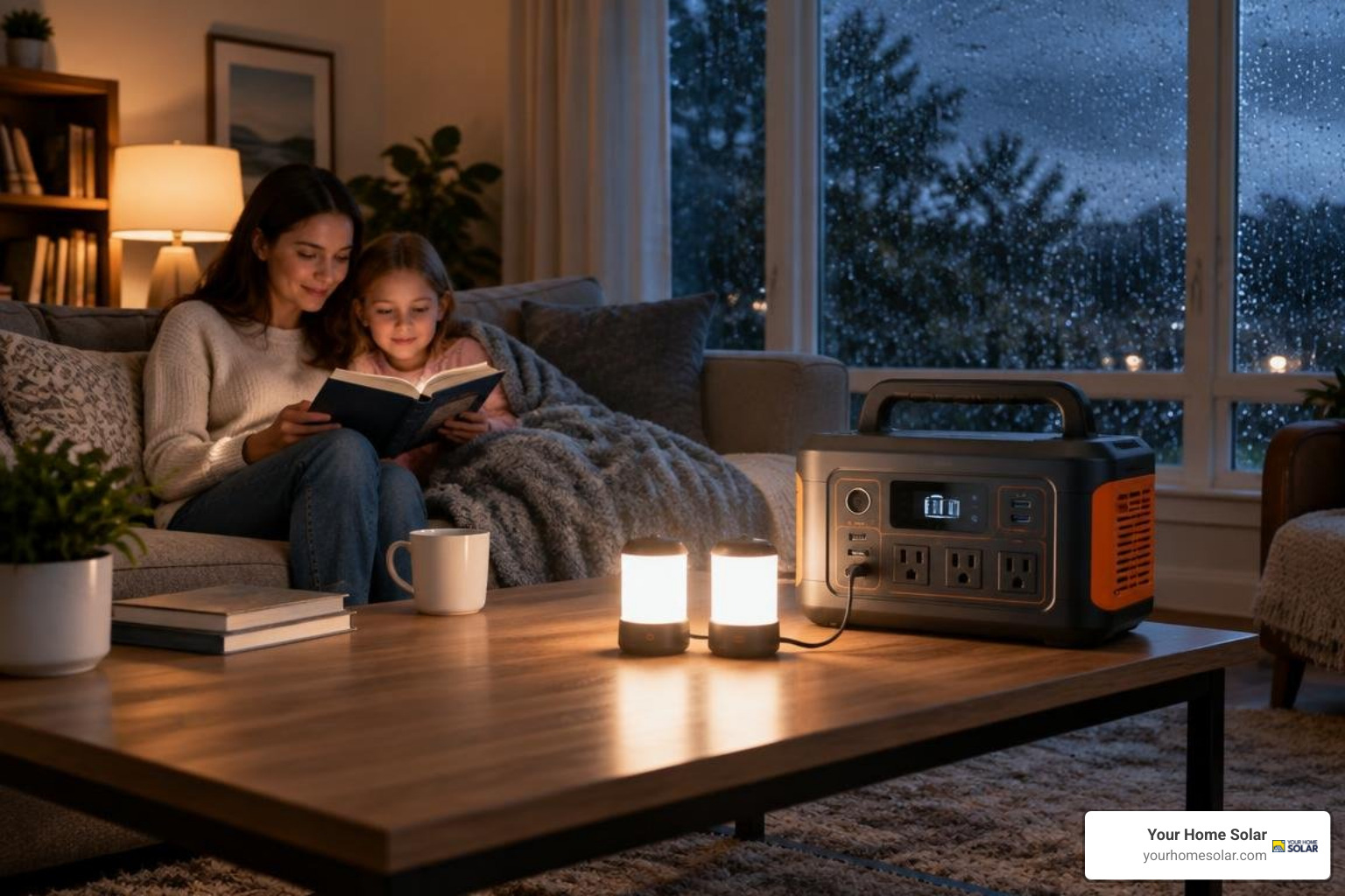 portable solar generator backup station providing indoor lighting during a storm portable solar generator backup station providing indoor lighting during a storm