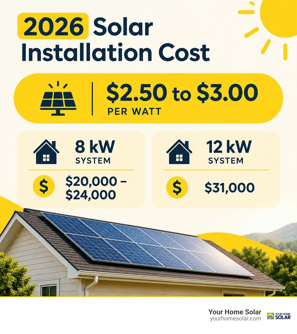 2026 solar installation cost: $2.50 to $3.00 per watt, with example 8 kW and 12 kW budgets infographic 2026 solar installation cost: $2.50 to $3.00 per watt, with example 8 kW and 12 kW budgets infographic
