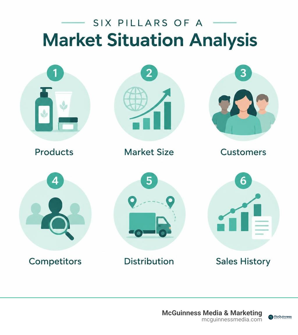 Six pillars of a market situation analysis: products, market size, customers, competitors, distribution, and sales history Six pillars of a market situation analysis: products, market size, customers, competitors, distribution, and sales history