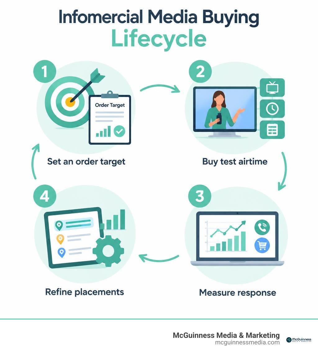 Infomercial media buying lifecycle: set an order target, buy test airtime, measure response, refine placements infographic