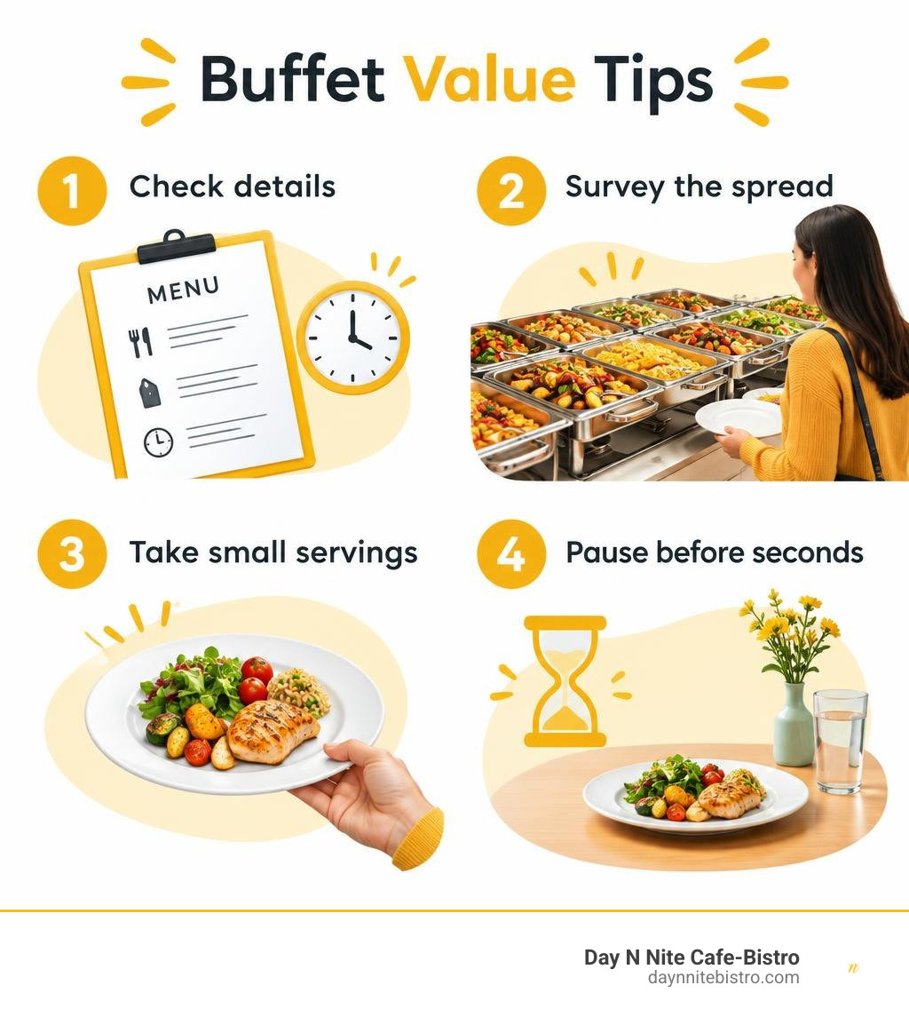 Buffet value tips: check details, survey the spread, take small servings, and pause before seconds infographic Buffet value tips: check details, survey the spread, take small servings, and pause before seconds infographic