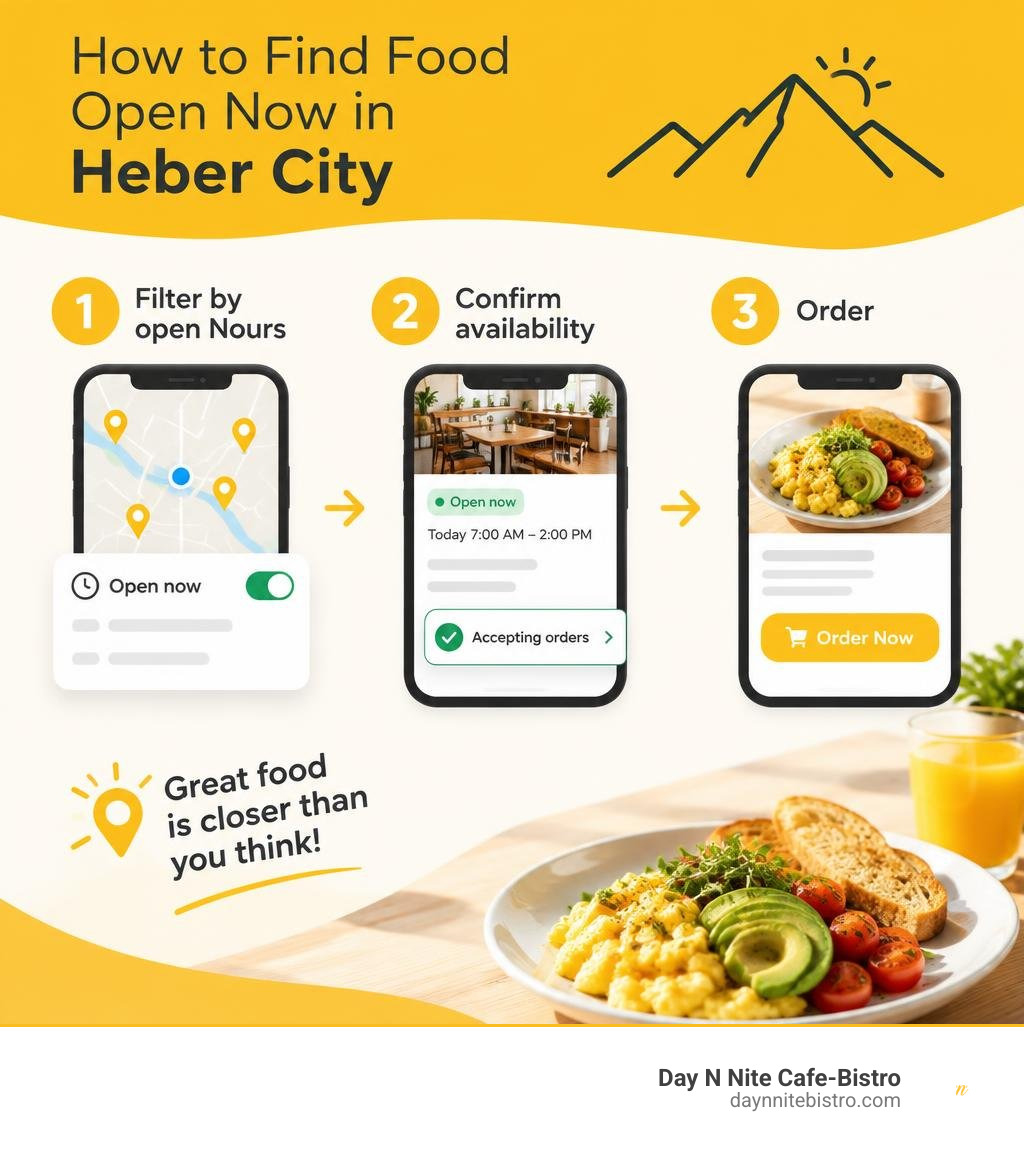 How to find food open now in Heber City: filter by open hours, confirm availability, and order infographic How to find food open now in Heber City: filter by open hours, confirm availability, and order infographic