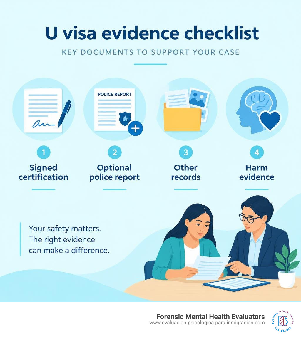 U visa evidence checklist: signed certification, optional police report, other records, and harm evidence infographic U visa evidence checklist: signed certification, optional police report, other records, and harm evidence infographic