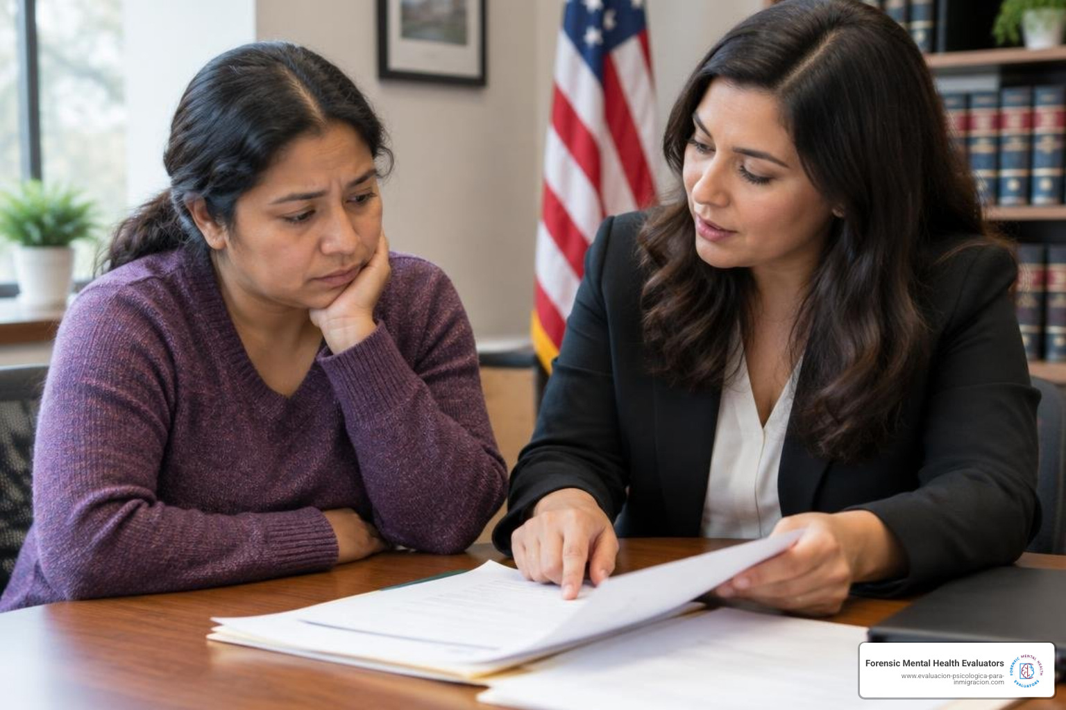 Immigrant crime survivor reviewing legal documents with an advocate Immigrant crime survivor reviewing legal documents with an advocate