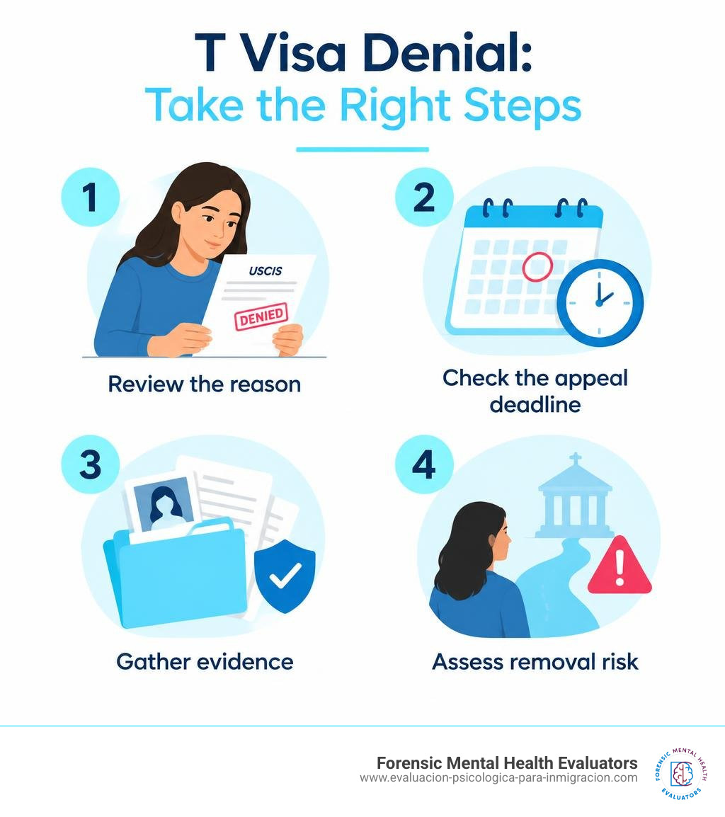 T visa denial: review the reason, check the appeal deadline, gather evidence, and assess removal risk infographic T visa denial: review the reason, check the appeal deadline, gather evidence, and assess removal risk infographic