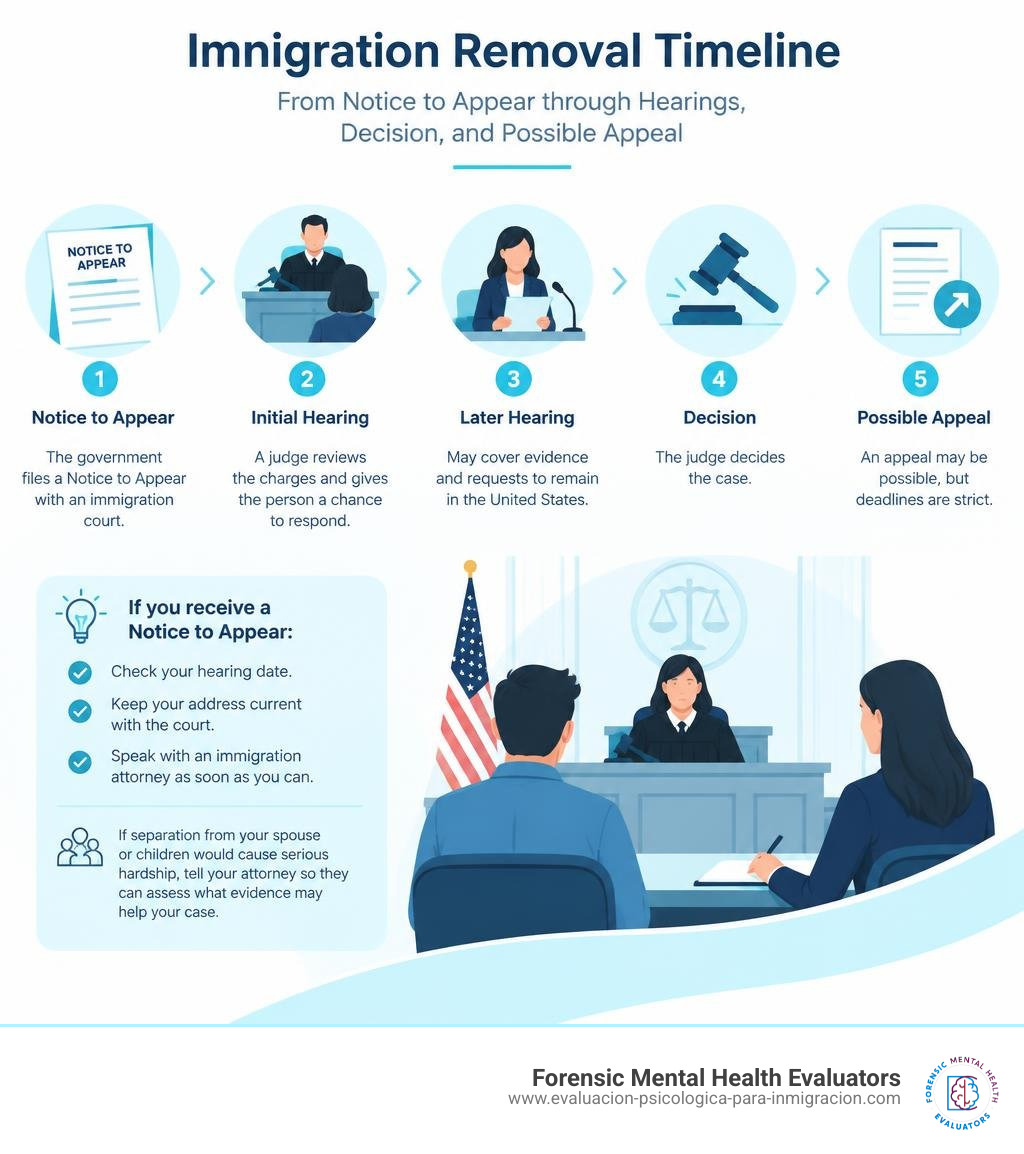 Immigration removal timeline from Notice to Appear through hearings, decision, and possible appeal infographic