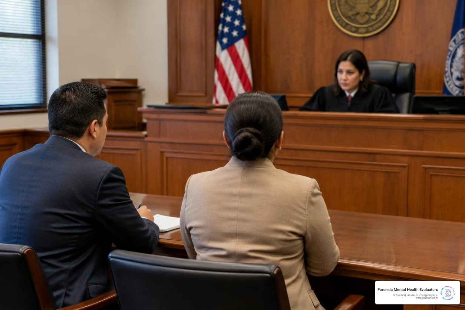 Immigration courtroom setting with respondent and legal counsel