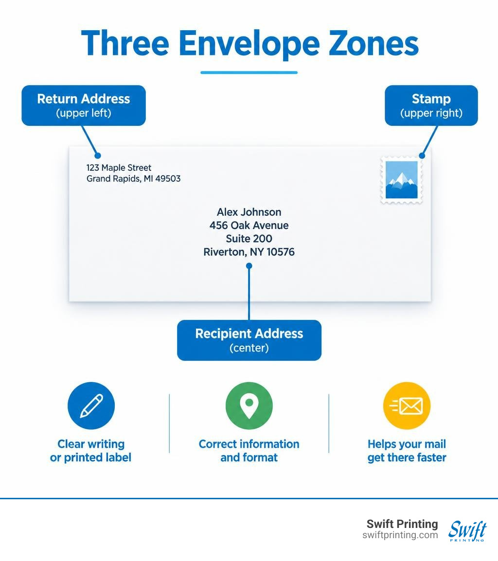 Three envelope zones: return address upper left, recipient address center, stamp upper right infographic