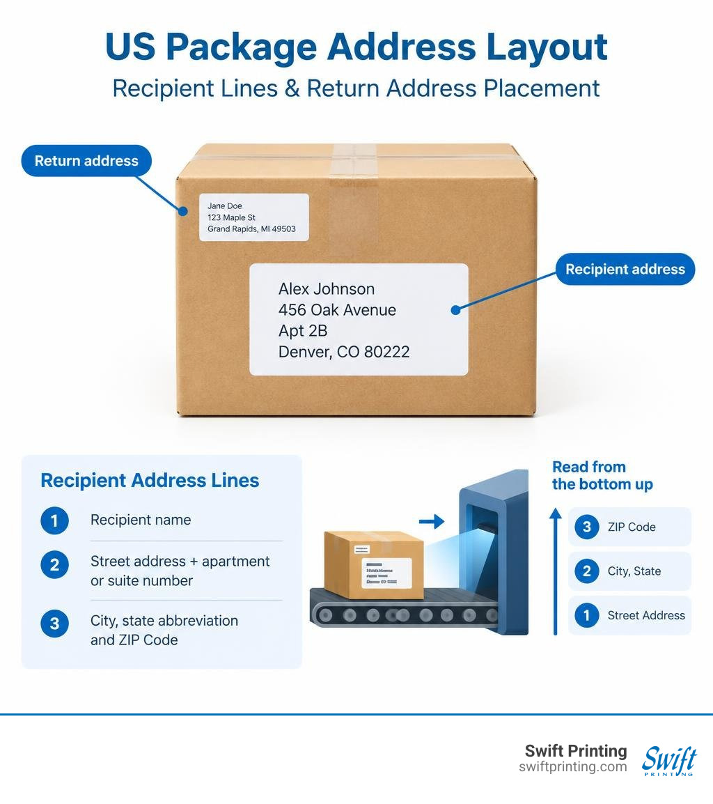 US package address layout showing recipient lines and return address placement infographic US package address layout showing recipient lines and return address placement infographic