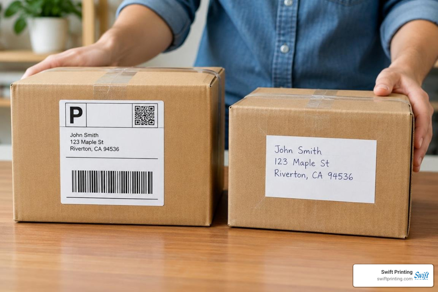 comparison showing high-contrast printed shipping label versus handwritten parcel comparison showing high-contrast printed shipping label versus handwritten parcel