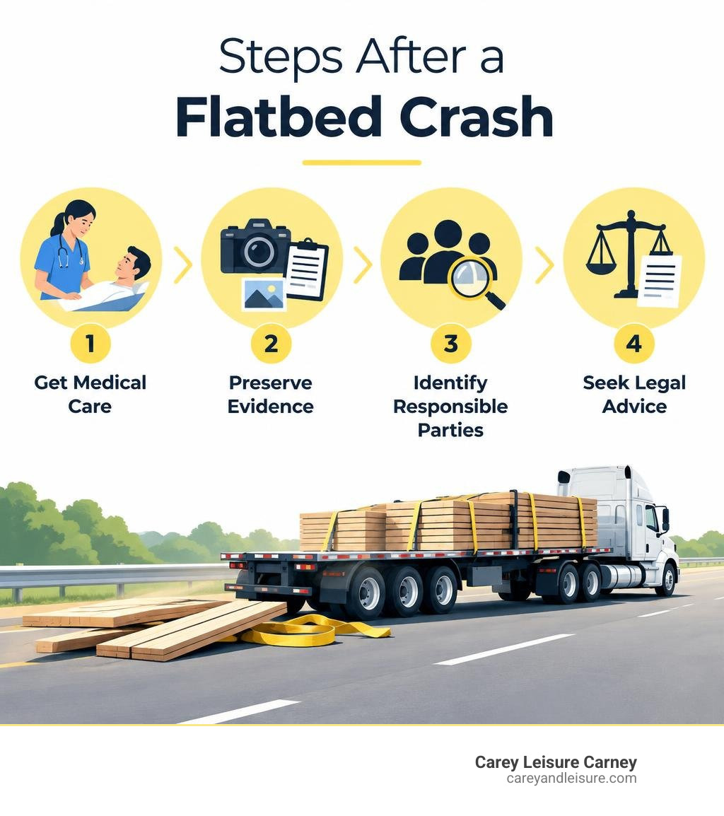 Steps after a flatbed crash: get medical care, preserve evidence, identify responsible parties, seek legal advice infographic