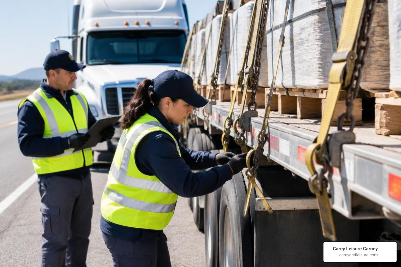 commercial truck investigation team inspecting flatbed securement points