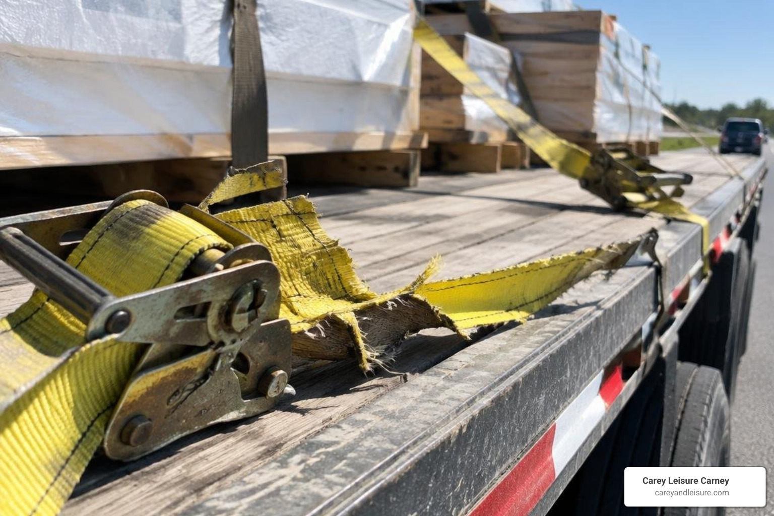 damaged cargo tie-down straps on a flatbed trailer