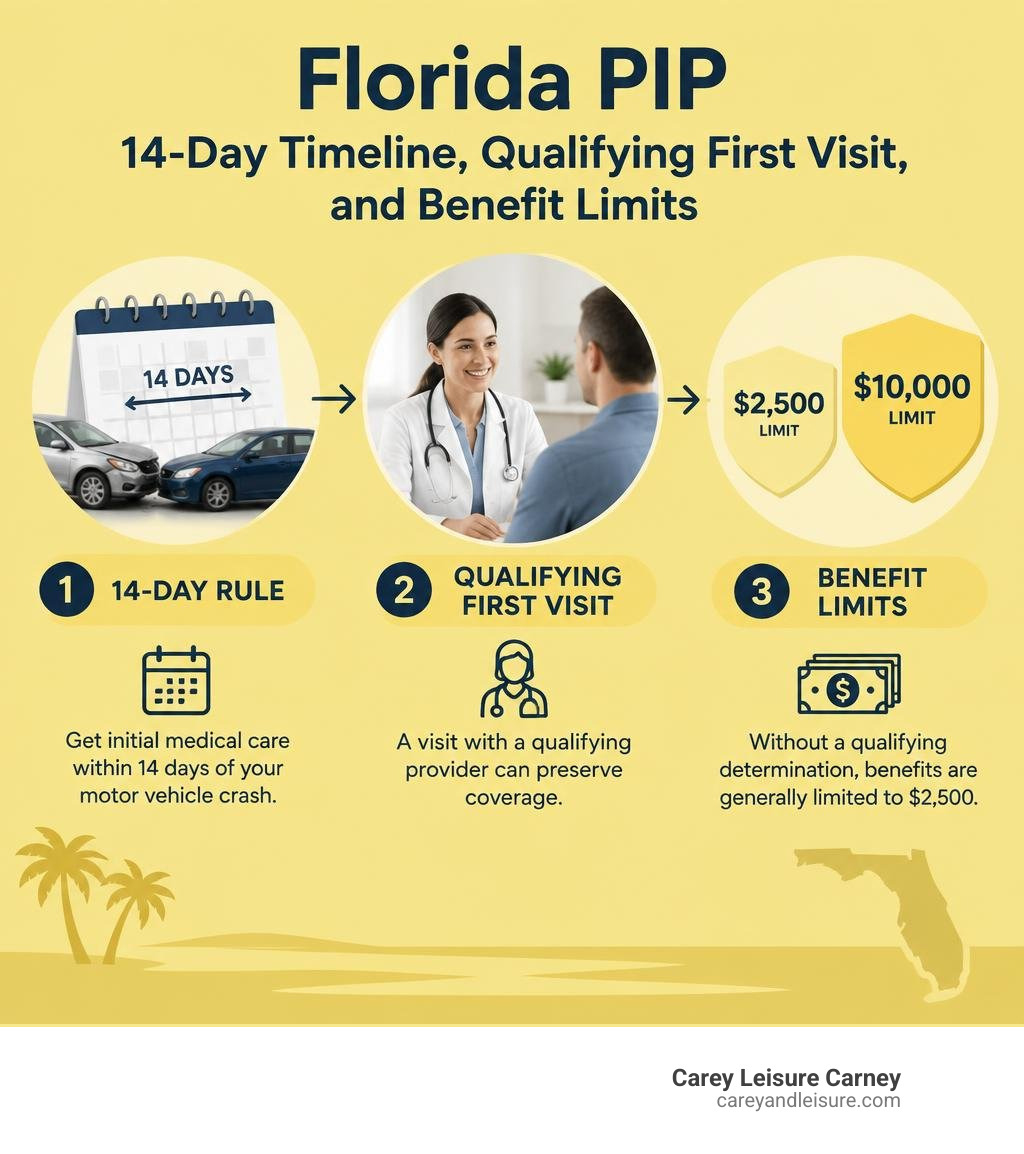 Florida PIP 14-day timeline, qualifying first visit, and $2,500 versus $10,000 benefit limits infographic