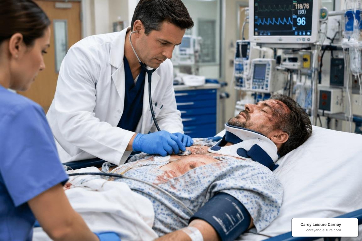 physician diagnosing a severe crash injury