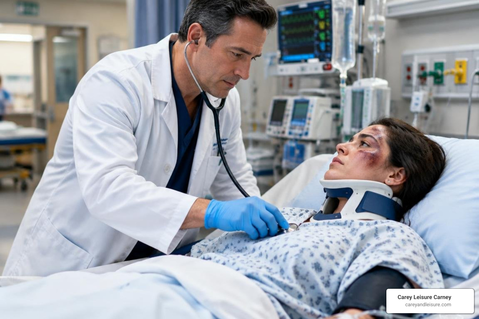 licensed physician examining an injured patient following a crash