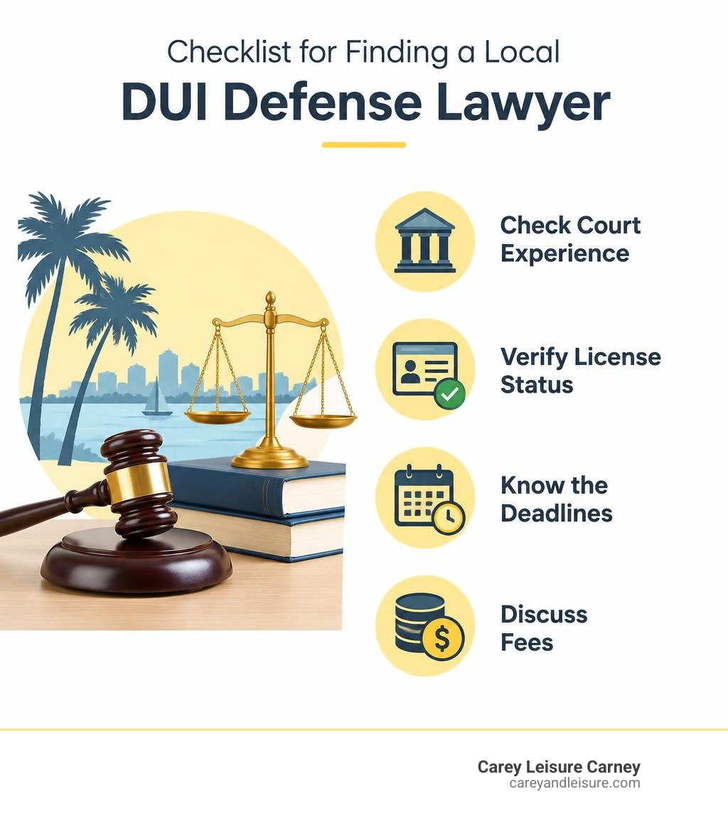 Checklist for finding a local DUI defense lawyer: check court experience, license status, deadlines, and fees infographic