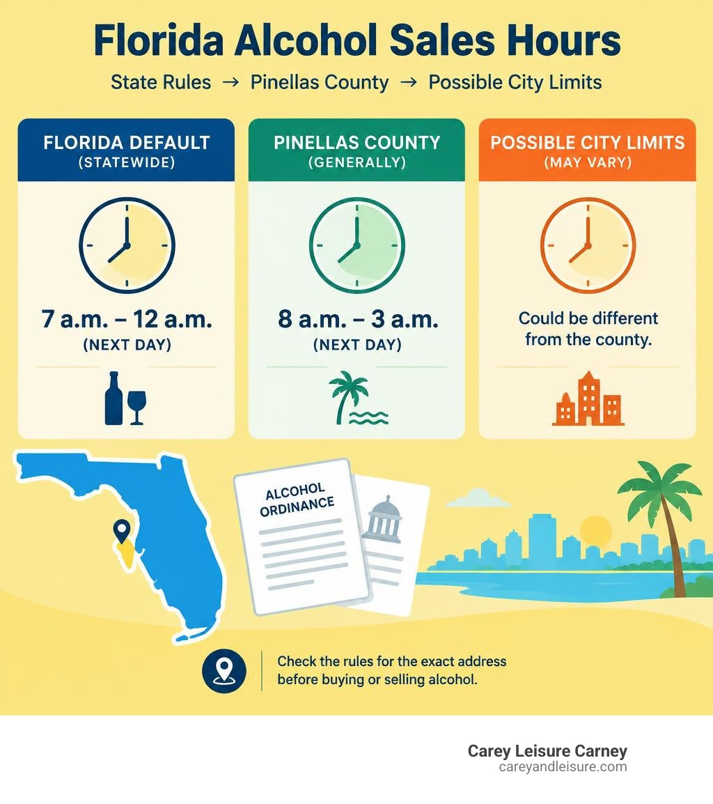 Florida default alcohol sales hours compared with Pinellas County hours and possible city limits infographic