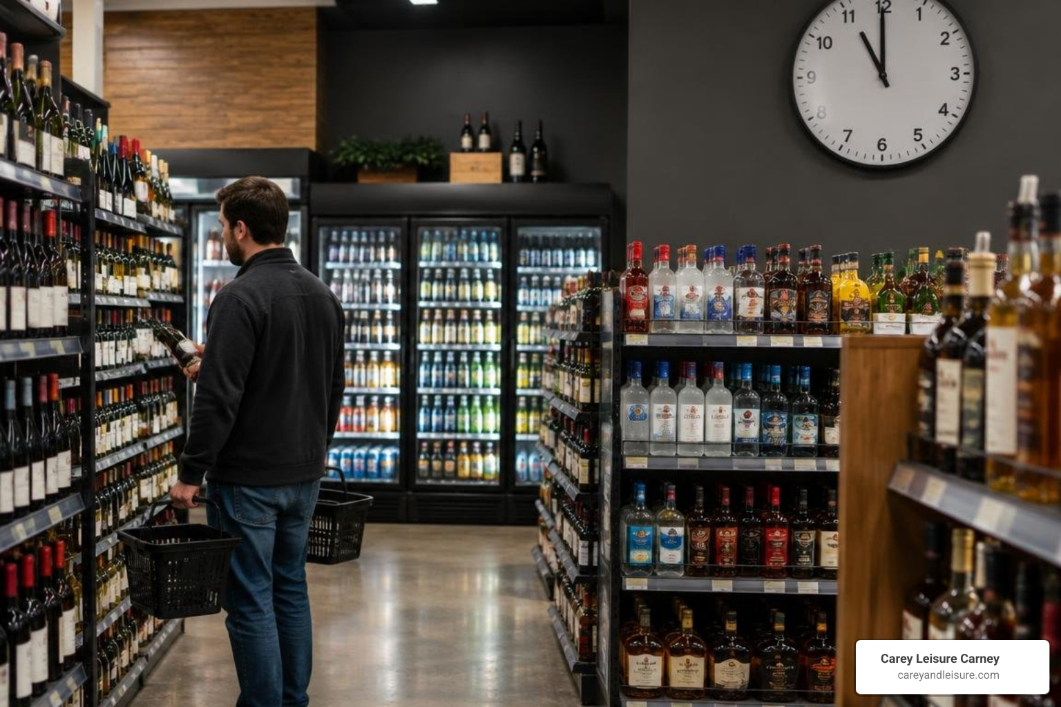 Retail beverage display clock showing late hours