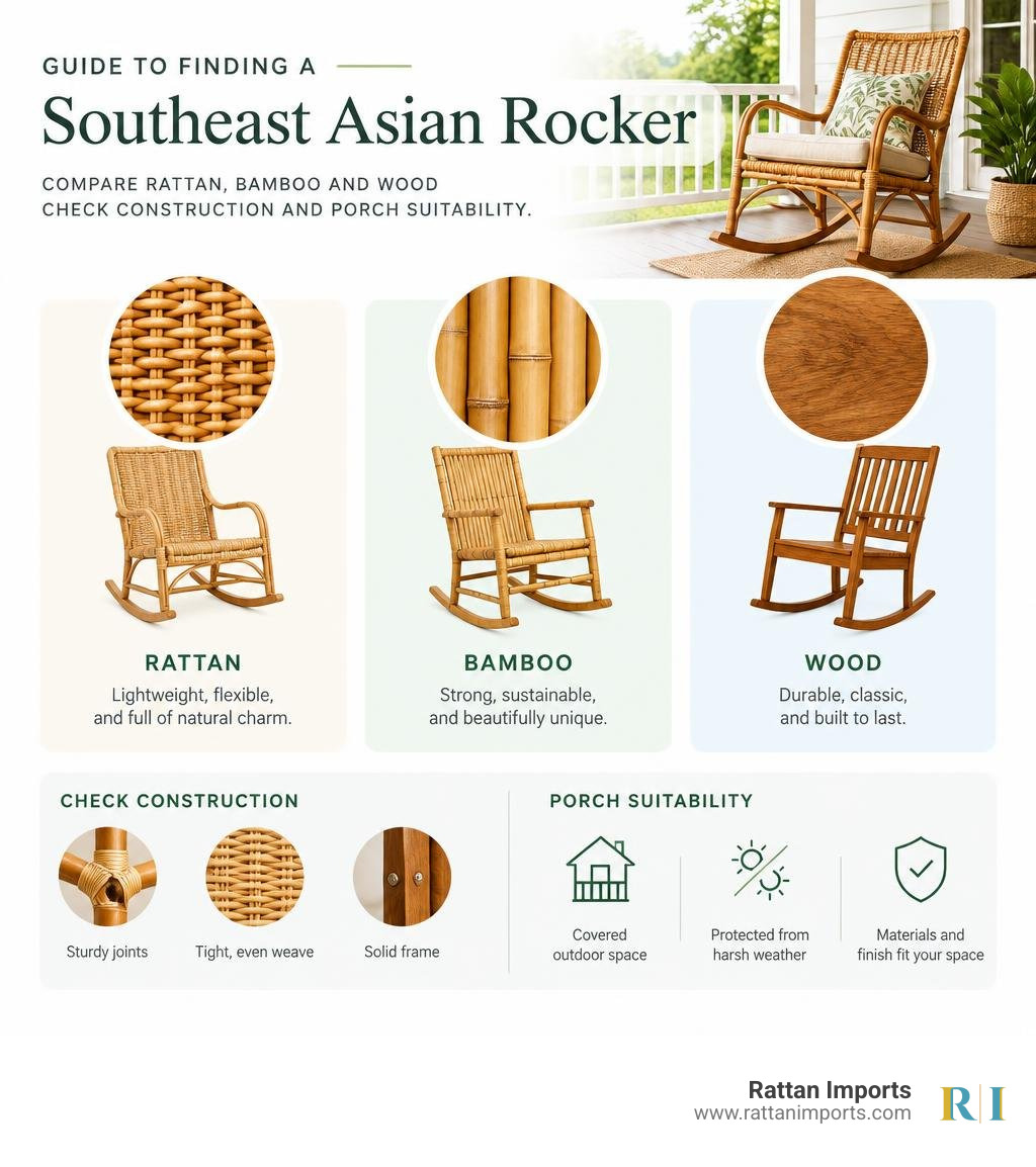 Guide to finding a Southeast Asian rocker: compare rattan, bamboo, and wood; check construction and porch suitability Guide to finding a Southeast Asian rocker: compare rattan, bamboo, and wood; check construction and porch suitability