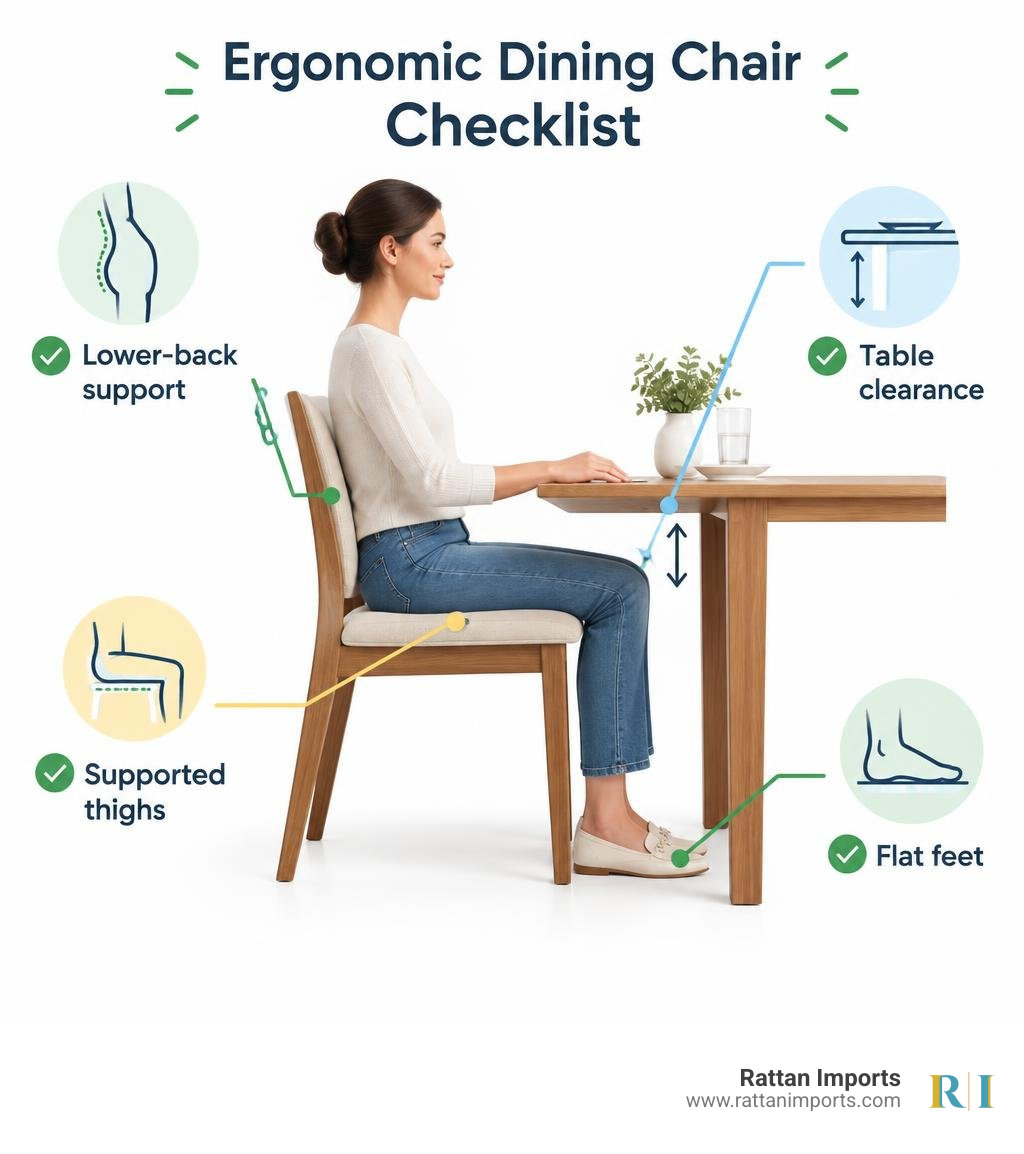 Ergonomic dining chair checklist: flat feet, supported thighs, lower-back support, and table clearance infographic