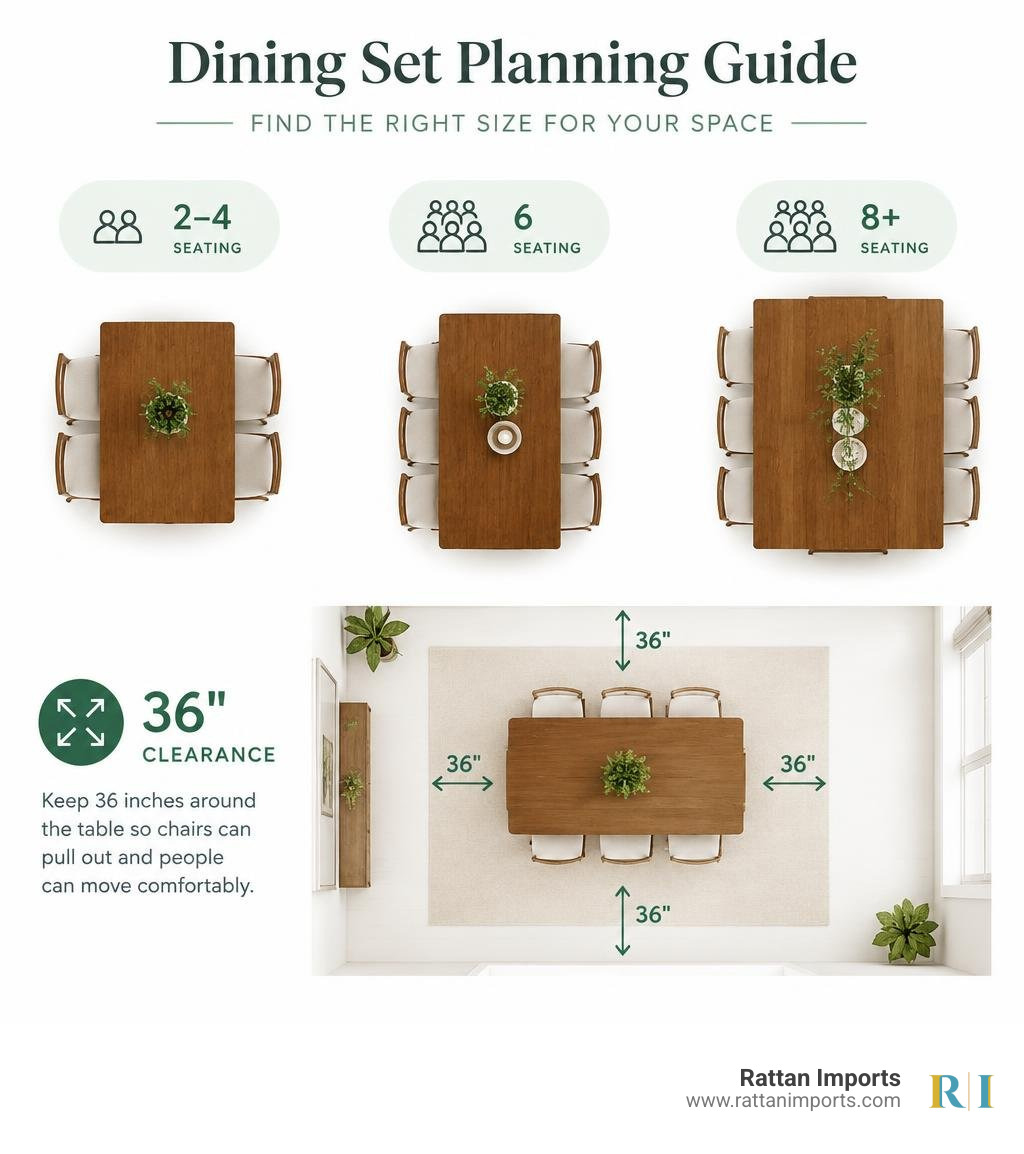 Dining set planning guide showing seating for two to four, six, and eight or more, plus 36 inches of clearance around the Dining set planning guide showing seating for two to four, six, and eight or more, plus 36 inches of clearance around the