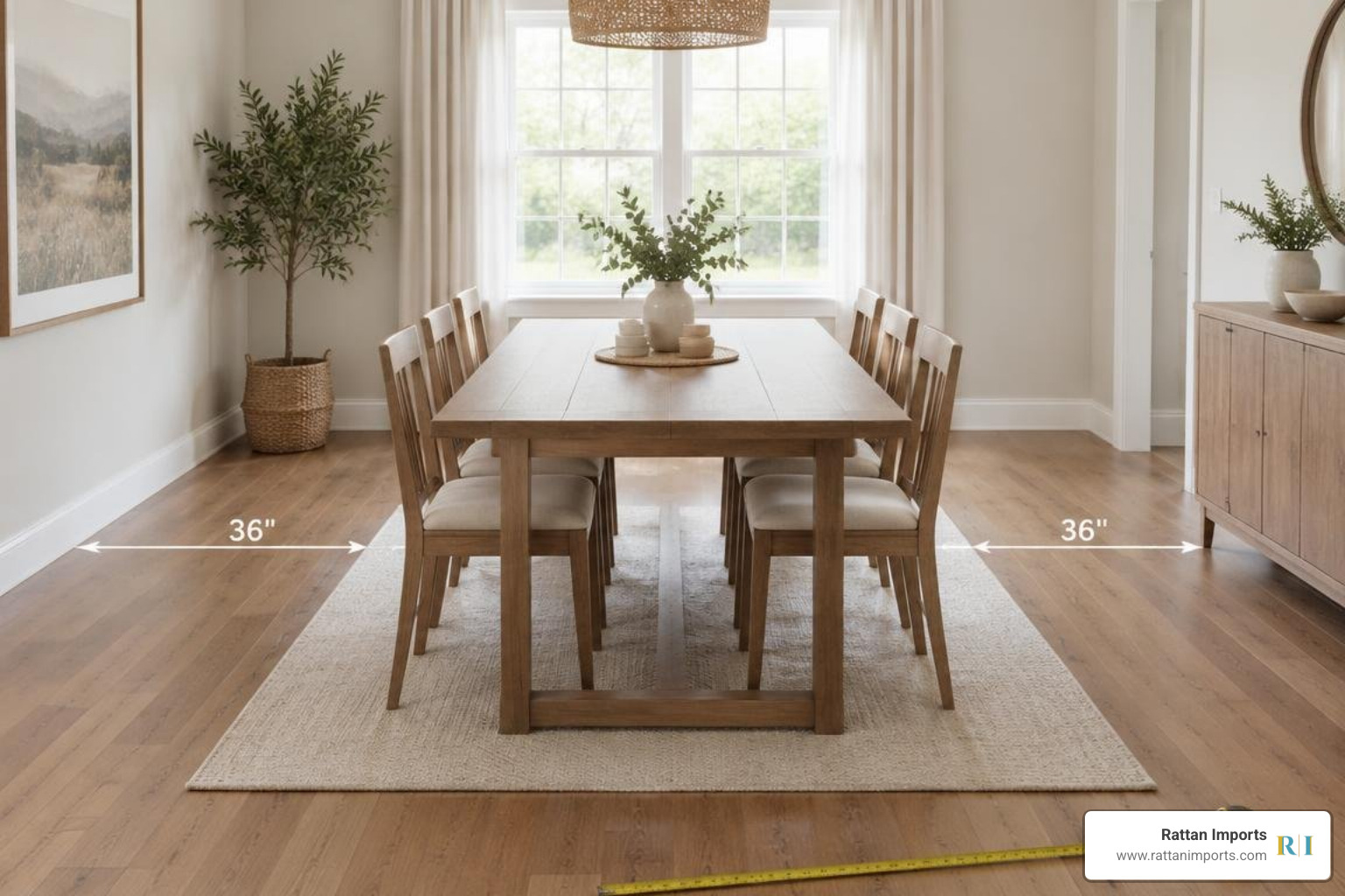 Room layout showing measurement guidelines and clearance boundaries around dining tables Room layout showing measurement guidelines and clearance boundaries around dining tables