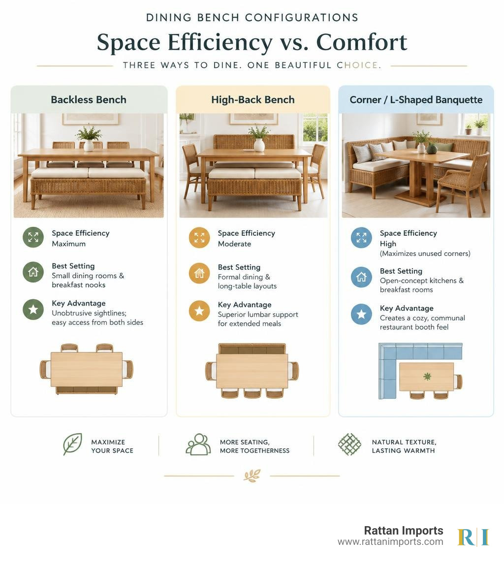 Comparison of dining bench configurations by space efficiency and comfort infographic Comparison of dining bench configurations by space efficiency and comfort infographic