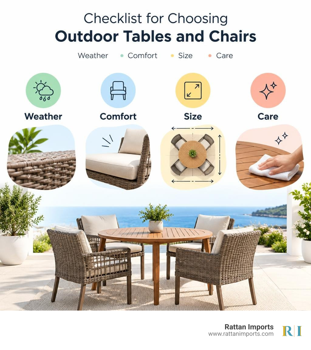 Checklist for choosing outdoor tables and chairs: weather, comfort, size, and care infographic Checklist for choosing outdoor tables and chairs: weather, comfort, size, and care infographic