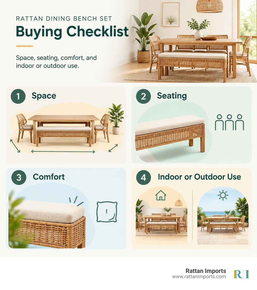 Rattan dining bench set buying checklist: space, seating, comfort, and indoor or outdoor use infographic Rattan dining bench set buying checklist: space, seating, comfort, and indoor or outdoor use infographic