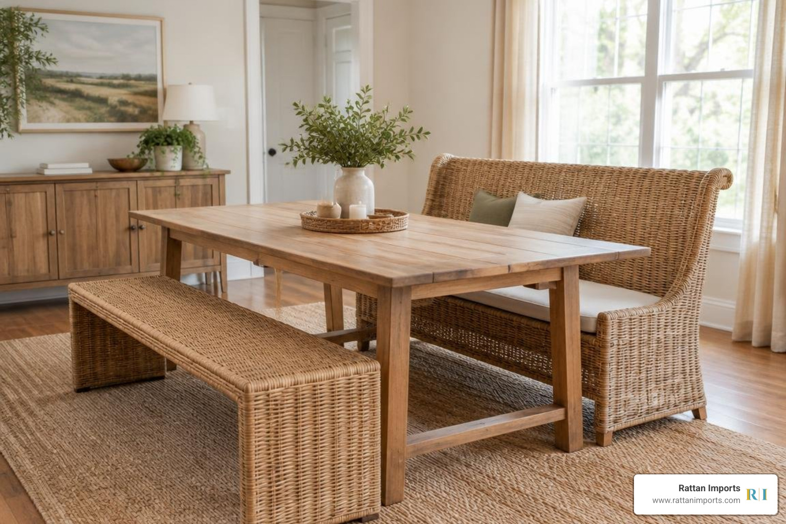 various dining room setups with backless and high-back rattan benches various dining room setups with backless and high-back rattan benches