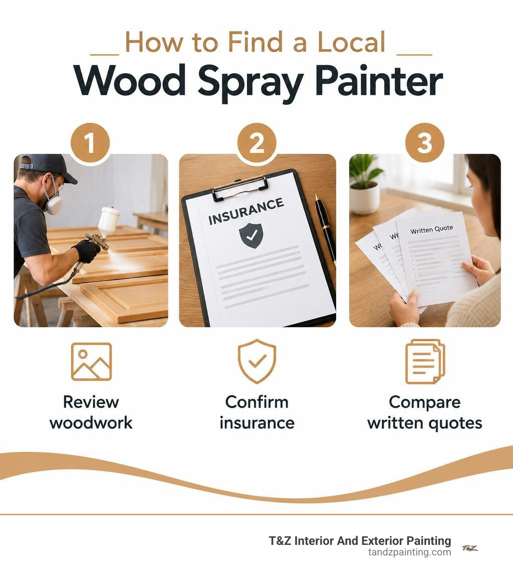 How to find a local wood spray painter: review woodwork, confirm insurance, compare written quotes infographic How to find a local wood spray painter: review woodwork, confirm insurance, compare written quotes infographic