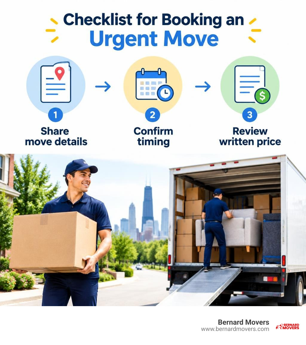 Checklist for booking an urgent move: share move details, confirm timing, review written price infographic