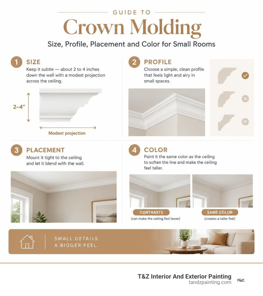 Guide to crown molding size, profile, placement, and color for small rooms infographic Guide to crown molding size, profile, placement, and color for small rooms infographic