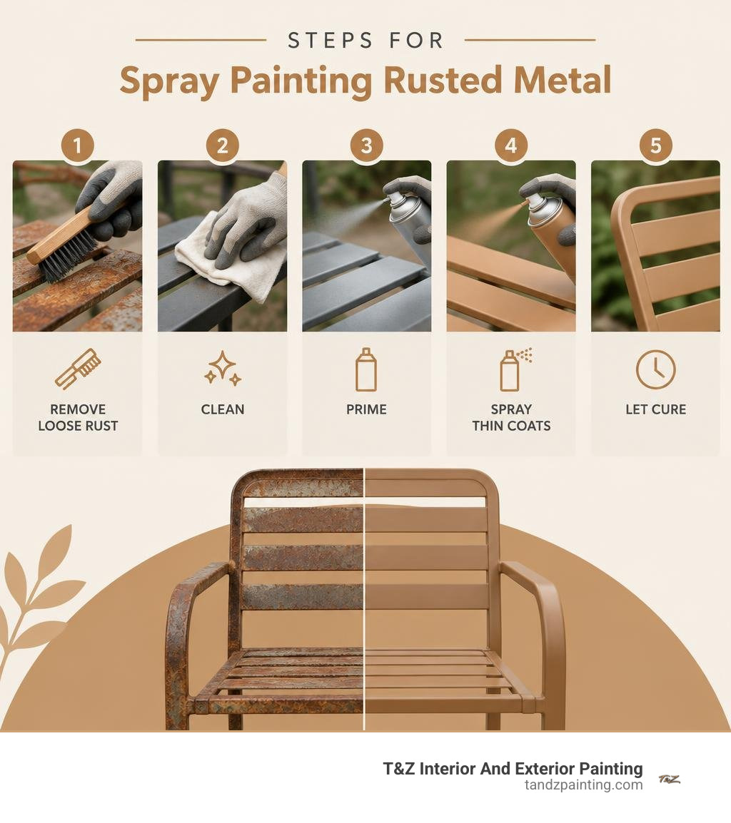 Steps for spray painting rusted metal: remove loose rust, clean, prime, spray thin coats, and let cure infographic Steps for spray painting rusted metal: remove loose rust, clean, prime, spray thin coats, and let cure infographic