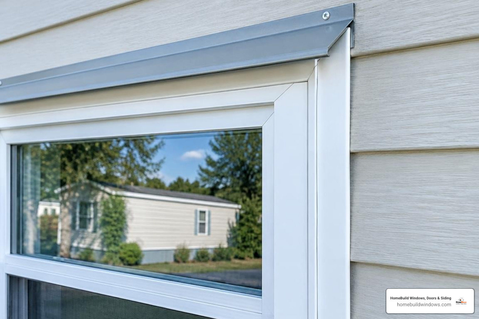 Close up of metal drip flashing and J channel integration around a window frame
