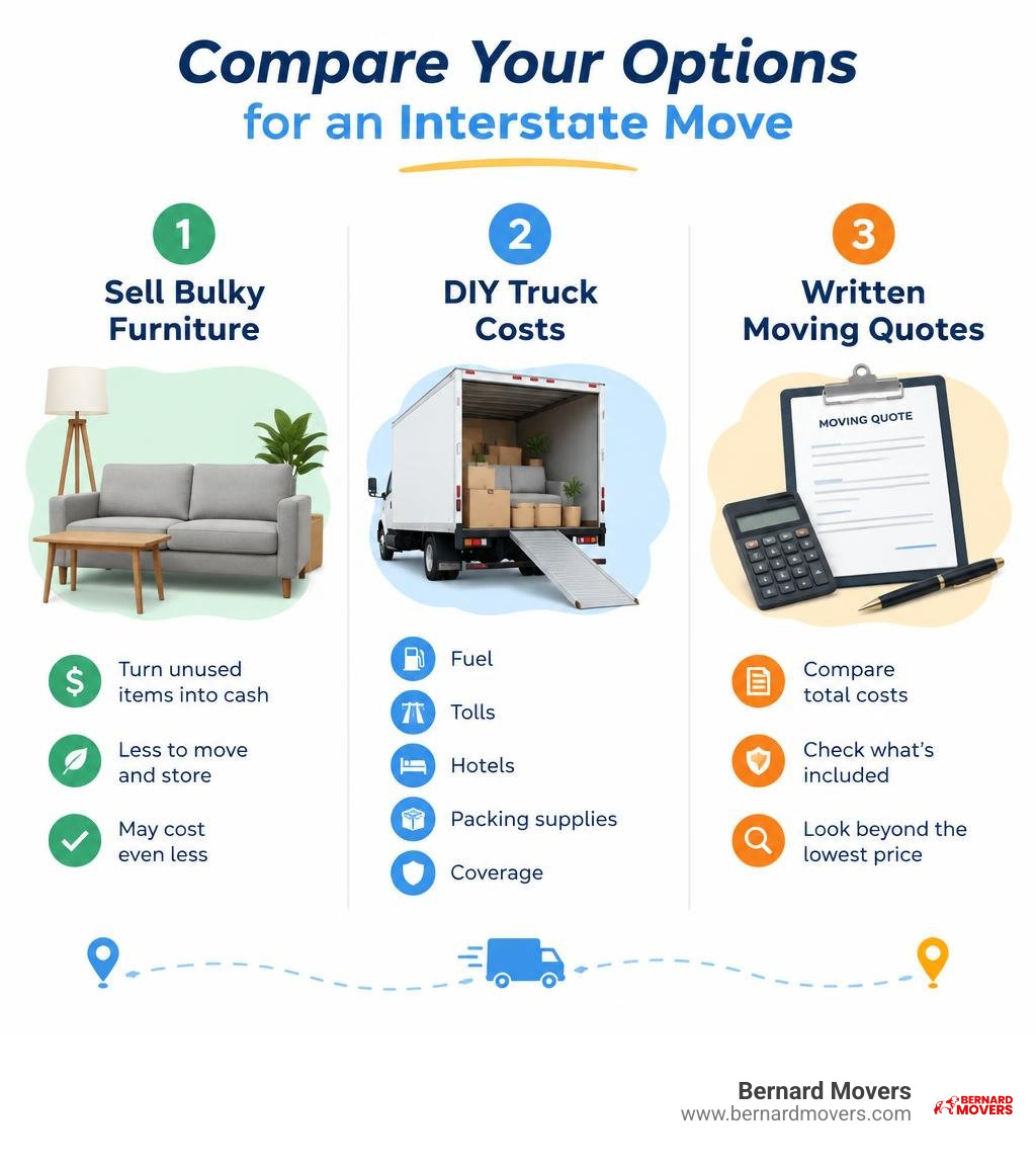 Compare selling bulky furniture, DIY truck costs, and written moving quotes for an interstate move infographic Compare selling bulky furniture, DIY truck costs, and written moving quotes for an interstate move infographic