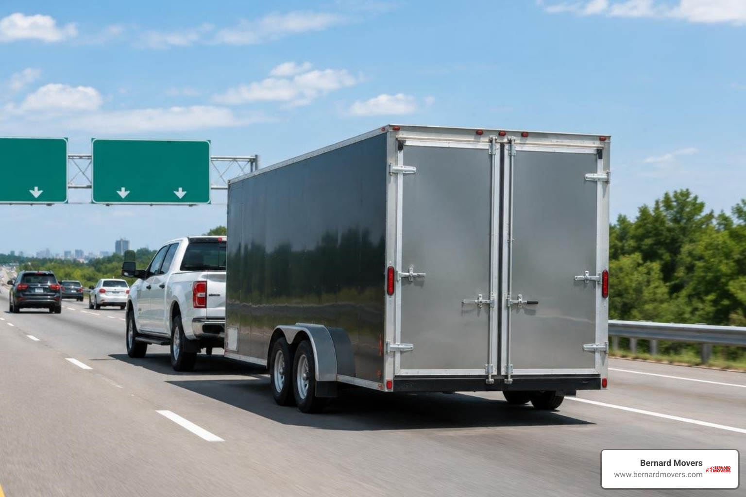 loaded cargo trailer traveling on an interstate highway loaded cargo trailer traveling on an interstate highway