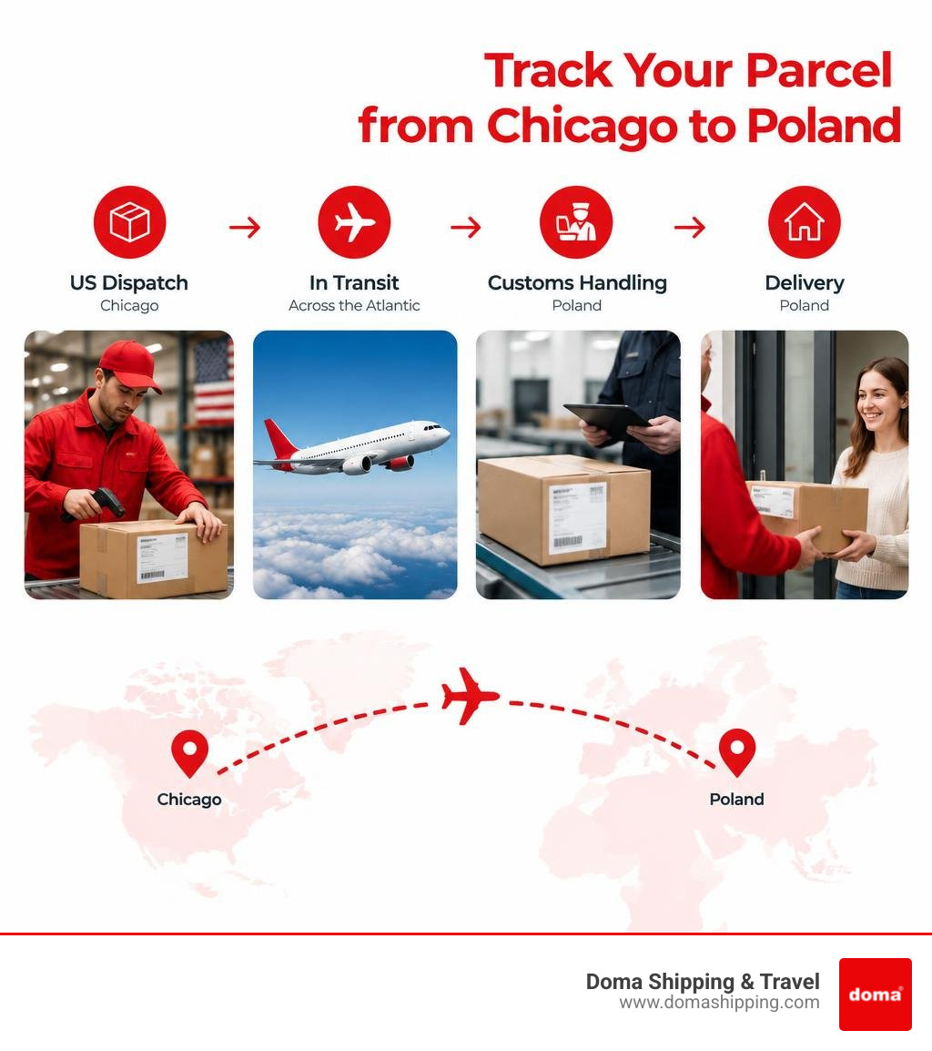Doma parcel tracking milestones from US dispatch through customs handling to delivery in Poland infographic Doma parcel tracking milestones from US dispatch through customs handling to delivery in Poland infographic