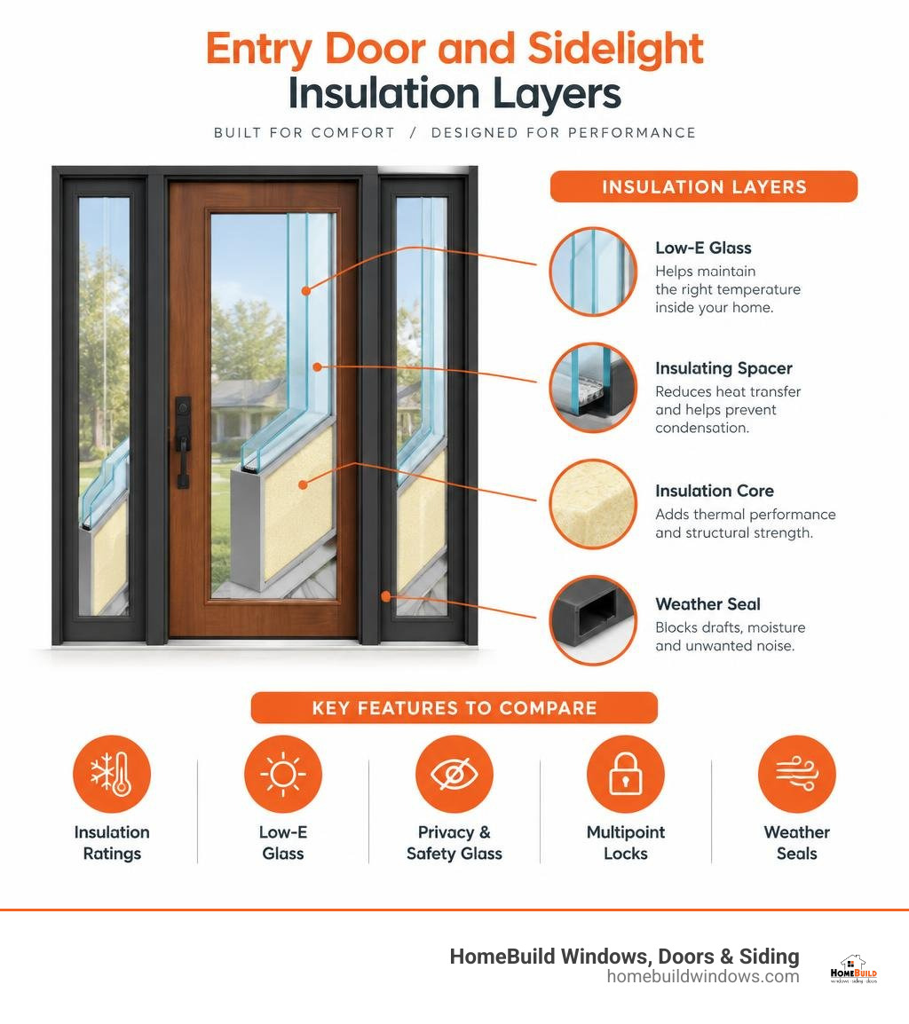 Entry door and sidelight insulation layers with key features to compare infographic
