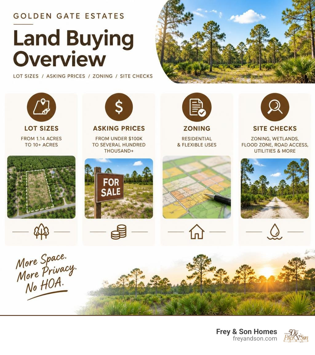 Golden Gate Estates land buying overview showing lot sizes, asking prices, zoning, and site checks infographic Golden Gate Estates land buying overview showing lot sizes, asking prices, zoning, and site checks infographic