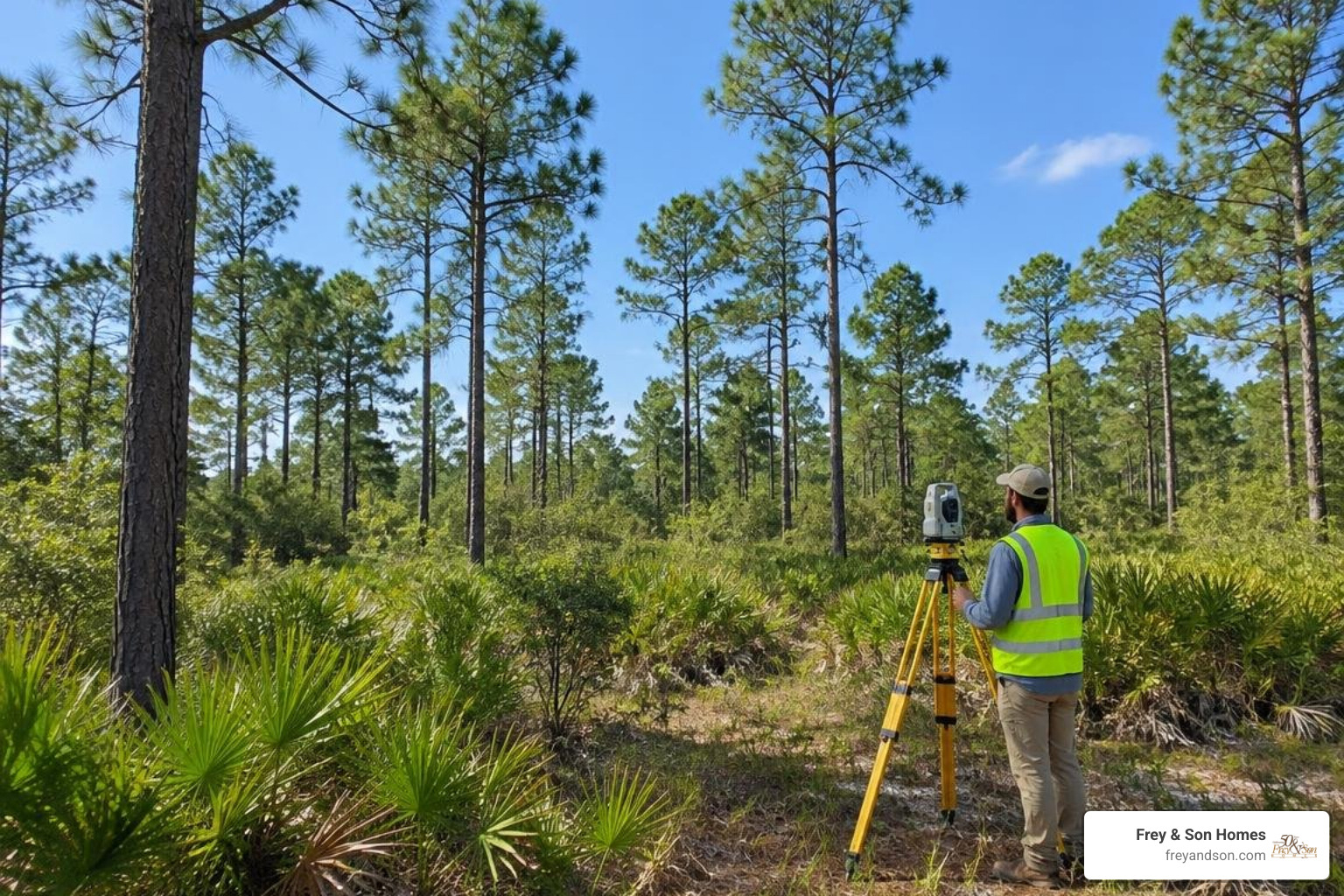 Wooded acreage with pine and palmetto vegetation ready for site survey Wooded acreage with pine and palmetto vegetation ready for site survey