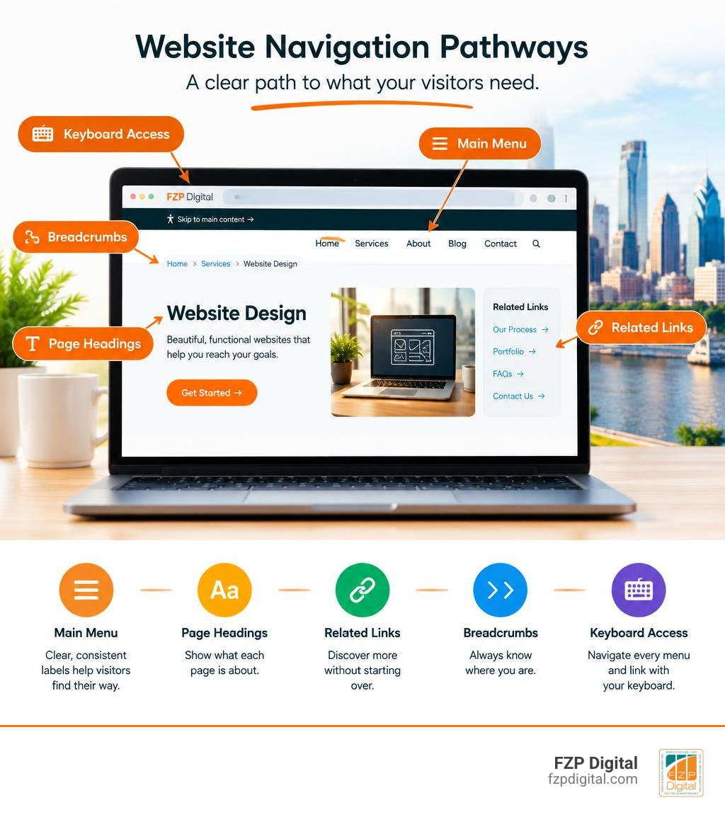 Website navigation pathways: main menu, page headings, related links, breadcrumbs, and keyboard access infographic