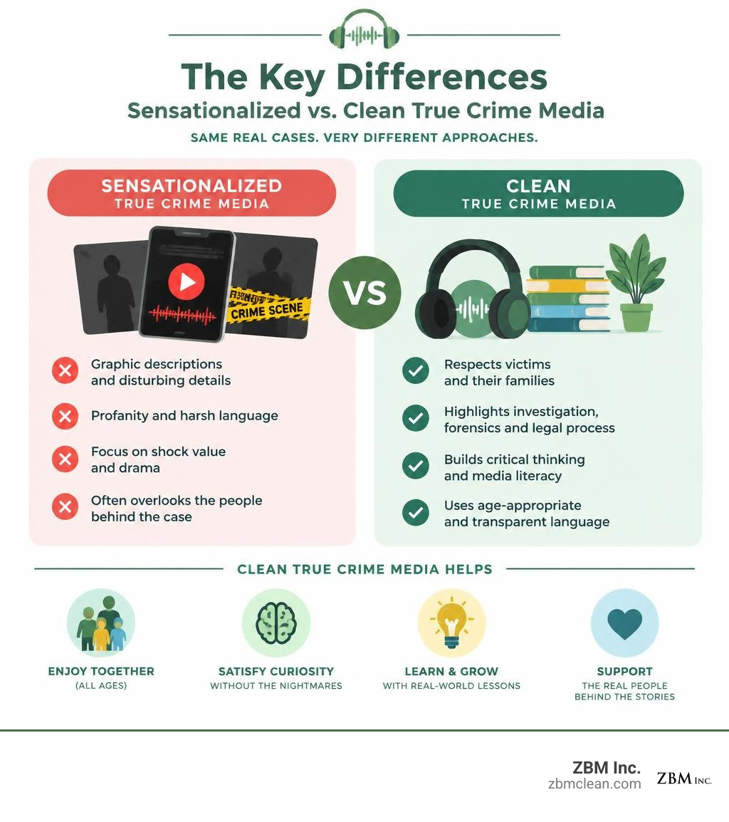 key differences between sensationalized and clean true crime media infographic key differences between sensationalized and clean true crime media infographic
