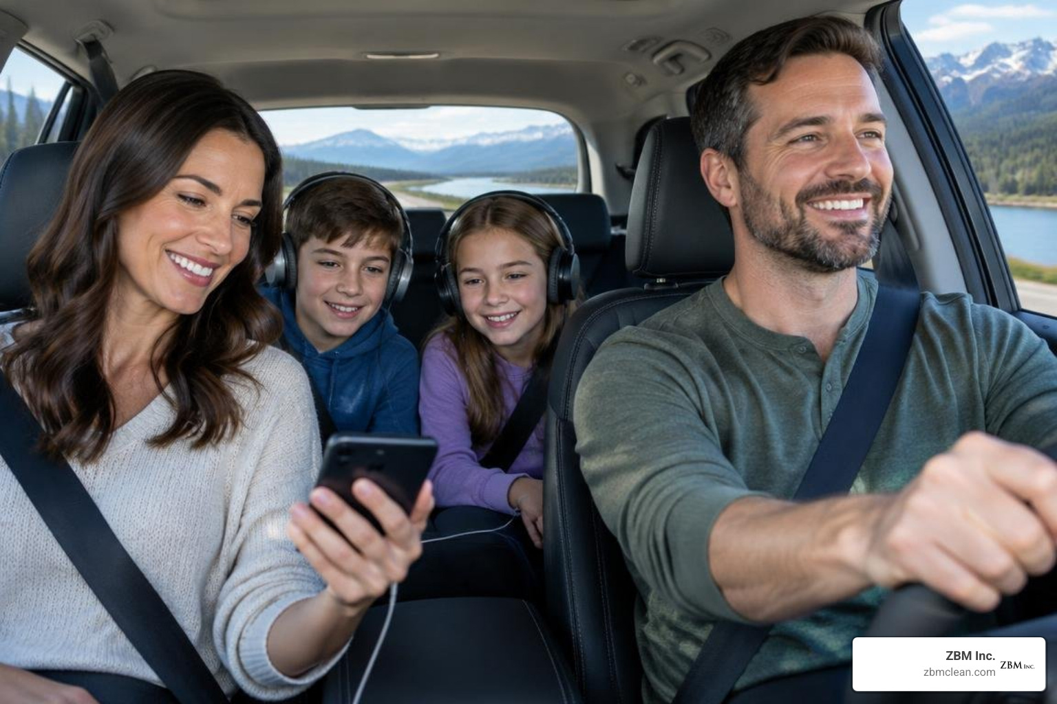 family listening to an audio mystery together on a road trip family listening to an audio mystery together on a road trip