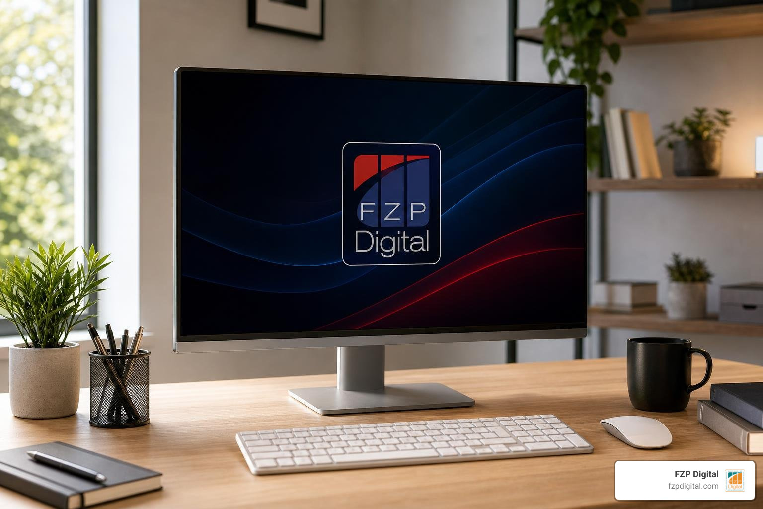 A bright workspace showing keyboard navigation shortcuts on a modern monitor with FZP Digital branding A bright workspace showing keyboard navigation shortcuts on a modern monitor with FZP Digital branding
