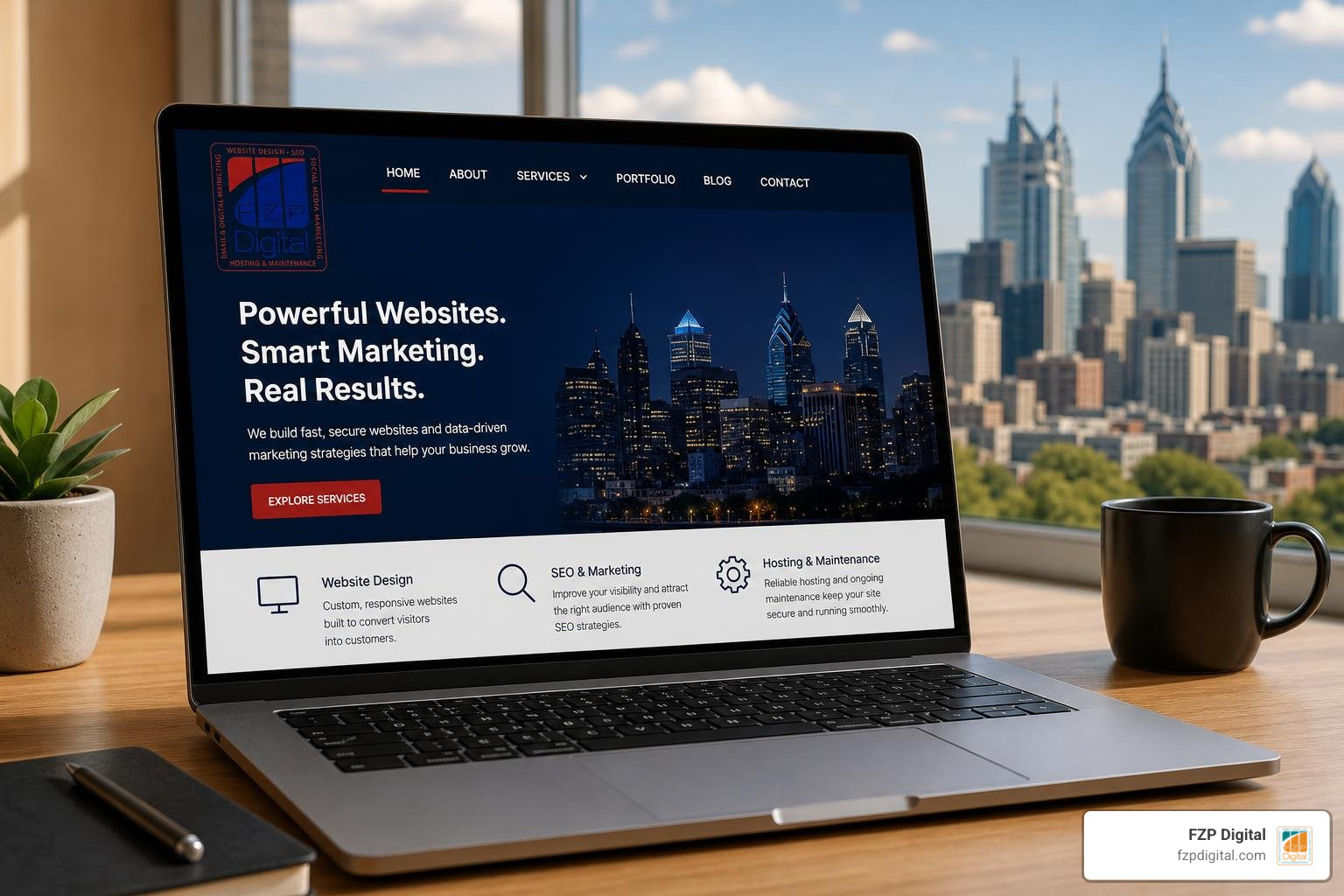 Photorealistic laptop showing a clear website menu and FZP Digital logo with the Philadelphia skyline nearby