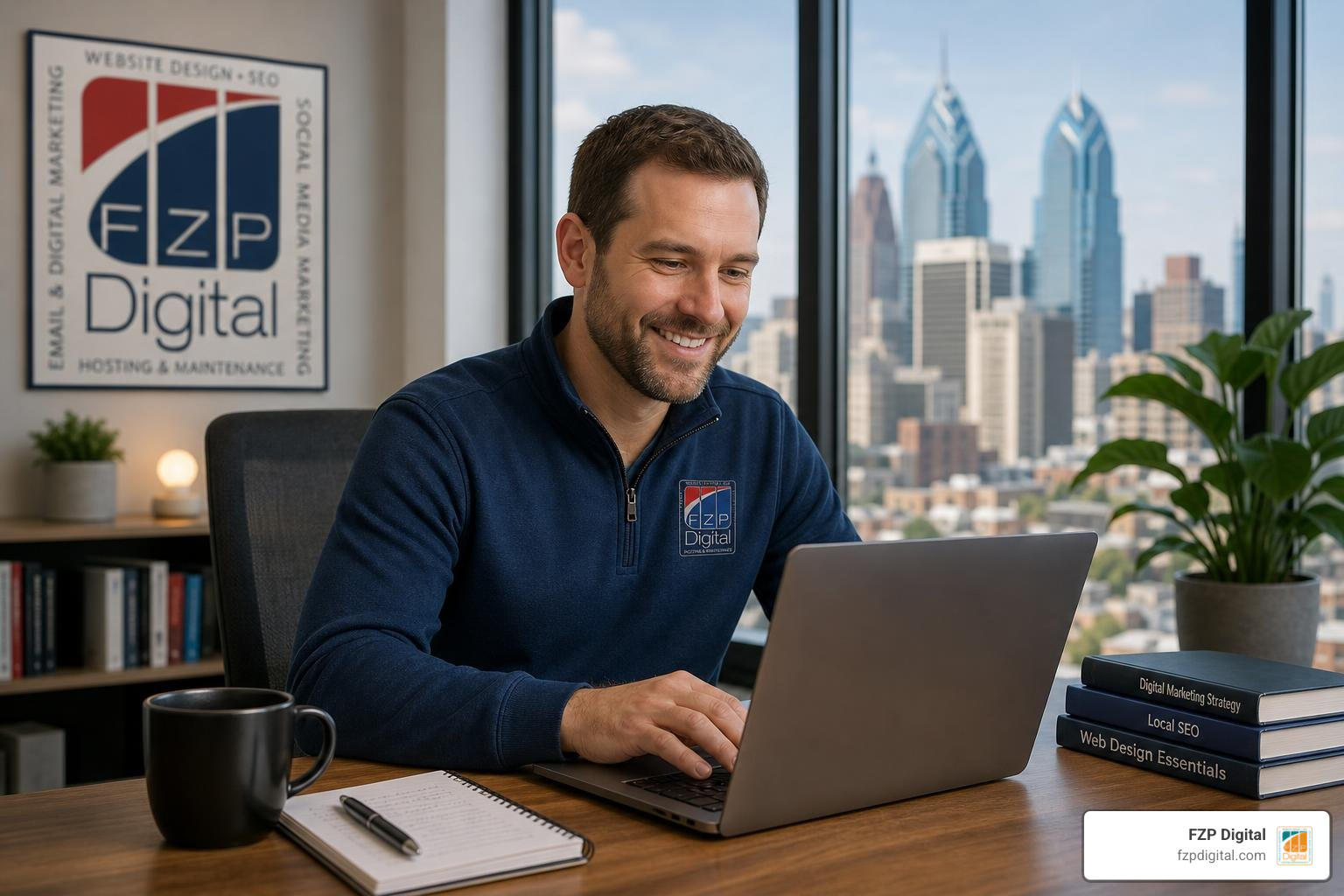 Photorealistic close-up of a smiling business owner replying to reviews on a laptop in a bright office Photorealistic close-up of a smiling business owner replying to reviews on a laptop in a bright office