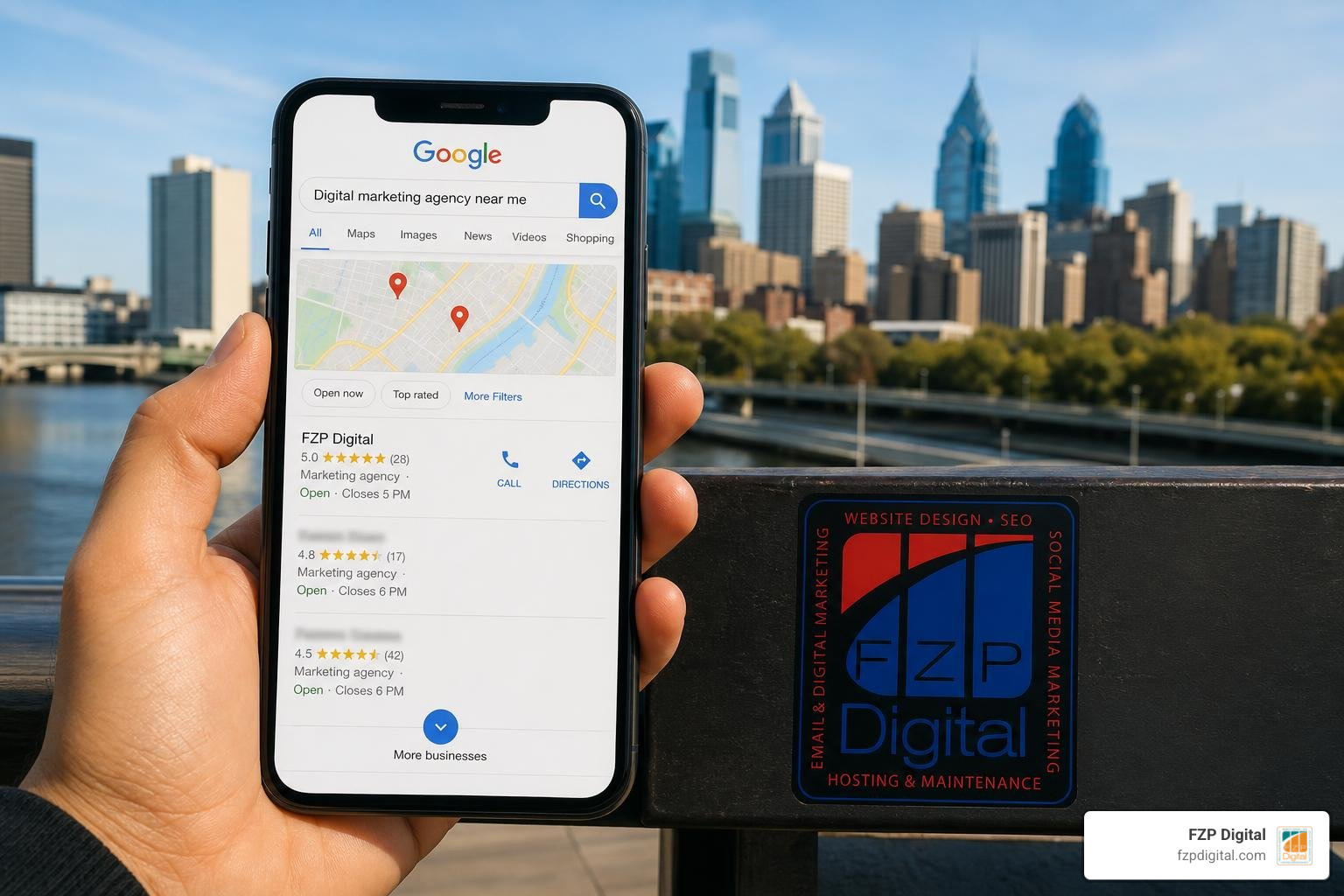 Photorealistic phone showing Google Maps local results, FZP Digital logo, Philadelphia skyline Photorealistic phone showing Google Maps local results, FZP Digital logo, Philadelphia skyline