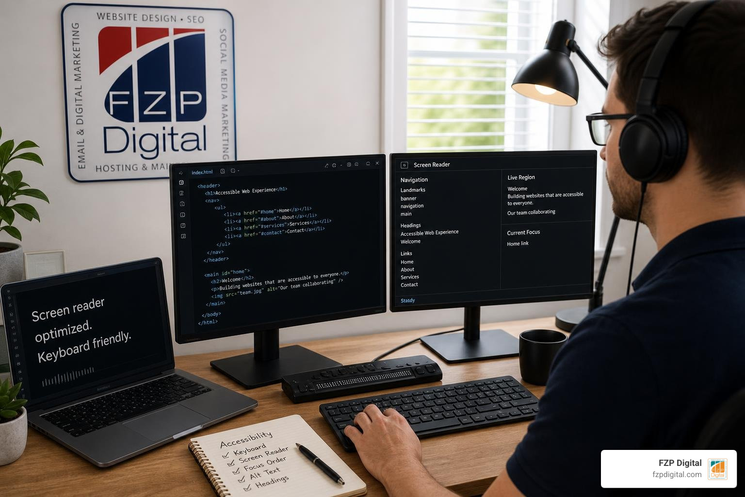 A modern accessible workstation setup demonstrating screen reader workflows with the FZP Digital logo A modern accessible workstation setup demonstrating screen reader workflows with the FZP Digital logo